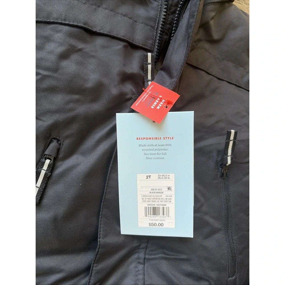 Cat & Jack Toddler Boys Girl 2T Black 3-in-1 Winter Jacket and Snow Bibs Set NWT
